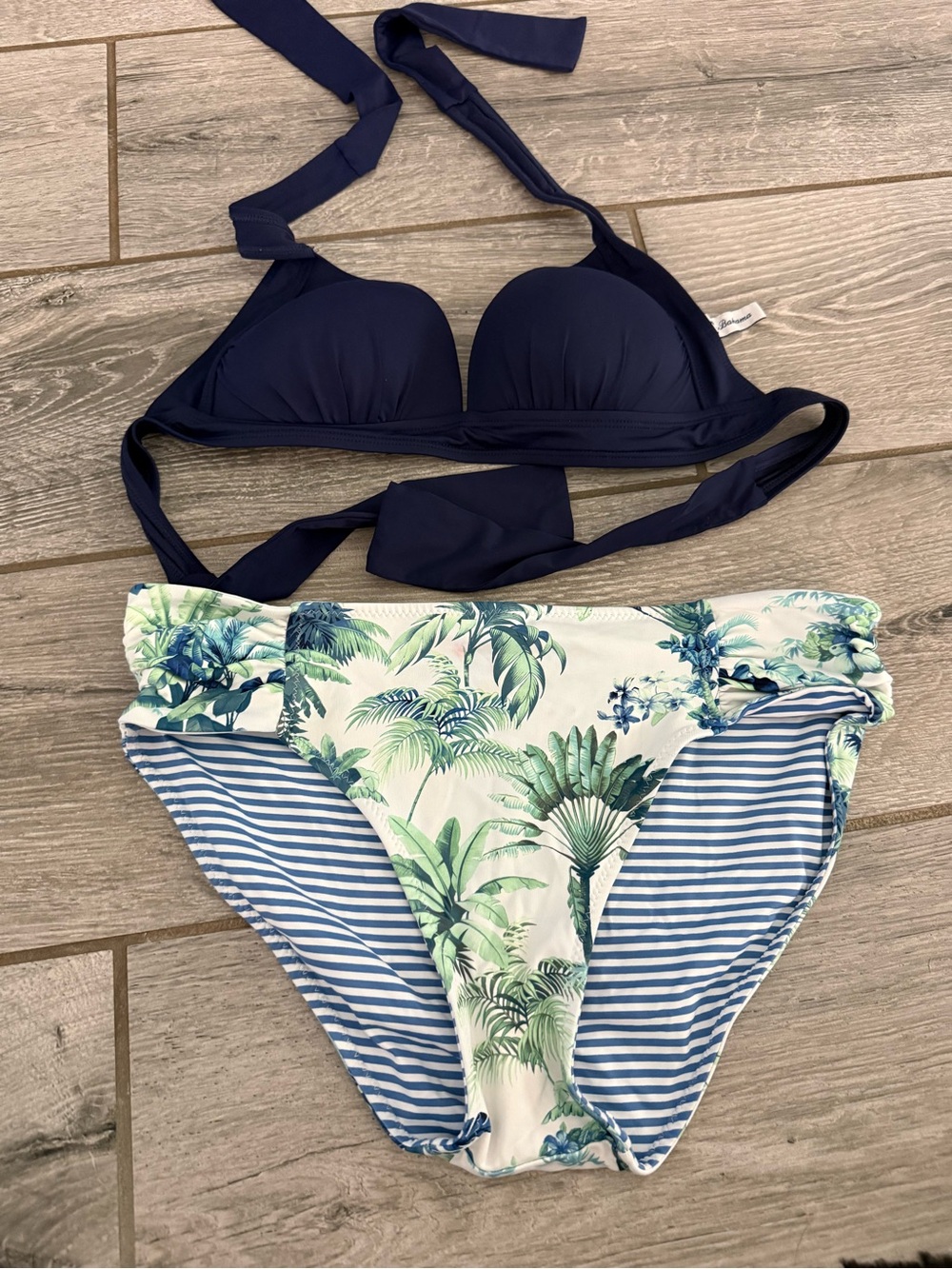 Tommy Bahama Navy Halter Bikini Top with Green Tropical Print Bottoms